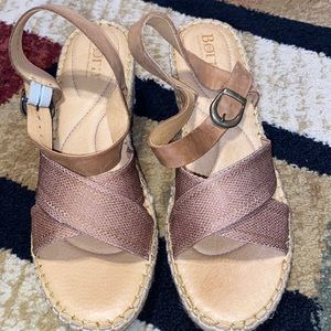“BORN” Tan Wedged Sandals with Crisscross Straps.